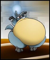 ambiguous_gender anthro belly big_belly black_body black_fur blue_body blue_fur canid canine digital_media_(artwork) fur generation_4_pokemon huge_belly hyper hyper_belly lucario mammal nintendo nude obese obese_ambiguous obese_anthro overweight overweight_ambiguous overweight_anthro pokemon pokemon_(species) red_eyes solo tail virus-20 yellow_body yellow_fur