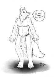 2012 5_fingers anthro biped bottomwear canid canine canis clothed clothing dialogue english_text fingers greyscale hi_res hunter_wolfe jewelry line_art loincloth male mammal mike- monochrome necklace nervous random_wolfe shy solo speech_bubble tail text topless tribal wolf