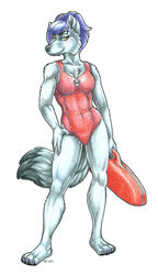 2010 anthro blush canid canine canis clothing cockiestspaniel female mammal one-piece_swimsuit simple_background smile smirk solo swimwear tail white_background wolf