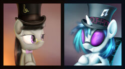 black_hair blue_hair bow_(feature) bow_tie clothing duo earth_pony equid equine eyewear female friendship_is_magic glasses hair hasbro hat headgear headwear horn horse mammal my_little_pony mythological_creature mythological_equine mythology octavia_(mlp) pony subjectnumber2394 sunglasses top_hat unicorn vinyl_scratch_(mlp)