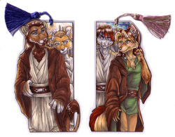 2010 anthro artaith bookmark_design canid canine canis clothing cockiestspaniel duo felid female lion male mammal obi-wan_kenobi pantherine qui-gon_jinn robe rodent romantic romantic_couple simple_background star_wars tail tail_tuft tuft white_background wolf