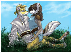 2010 anthro border bottomless braided_hair canid canine canis clothed clothing cloud cockiestspaniel domestic_dog duo eye_contact female grass hair hug jedi looking_at_another male mammal outside padawan padawan_braid plant ponytail romantic romantic_couple sitting sky smile star_wars tail twintails white_border wolf