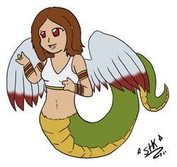 2011 apode chibi draconcopode feathered_scalie feathered_snake feathered_wings feathers female humanoid lamia legless red_eyes reptile scalie serpente_itova serpentine simple_background snake solo split_form unknown_artist white_background wings