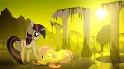 16:9 2012 cutie_mark detailed_background duo equid equine feathered_wings feathers female feral fluttershy_(mlp) friendship_is_magic fur gign-3208 grass green_eyes hair hasbro hi_res horn mammal marsh moss multicolored_hair my_little_pony mythological_creature mythological_equine mythology outside pegasus pink_hair plant purple_body purple_eyes purple_fur purple_hair quadruped rock ruins scenery shaded sun swamp tail tree twilight_sparkle_(mlp) two_tone_hair unicorn water widescreen wings wood yellow_body yellow_feathers yellow_fur