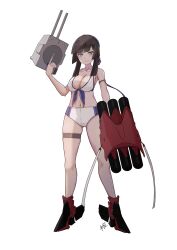  adapted_turret alternate_weapon bikini black_hair blunt_sidelocks boots breasts cleavage female front-tie_bikini_top front-tie_top full_body green_eyes highres kantai_collection large_breasts long_hair looking_at_viewer mogador_(kancolle) navel neve_(morris-minicooper) parted_lips rudder_footwear sidelocks simple_background solo standing swimsuit thigh_strap torpedo_launcher weapon white_background white_bikini 