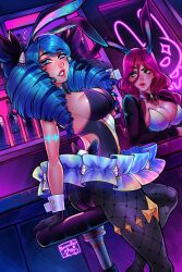  2girls animal_ears ass black_bow black_gloves black_leotard black_pantyhose blue_hair bottle bow breasts cleavage drill_hair fake_animal_ears fishnet_pantyhose fishnets gloves green_eyes gwen_(league_of_legends) hairbow highres indoors large_breasts league_of_legends leotard long_hair miss_fortune_(league_of_legends) multiple_girls pantyhose playboy_bunny poposhirat rabbit_ears shiny_skin smile stool teeth twin_drills twintails 