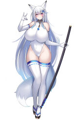  absurdres animal_ears bare_shoulders blush breasts collar commentary_request covered_navel female fox_ears fox_girl fox_shadow_puppet fox_tail from_behind full_body grey_hair hair_ornament highleg highleg_leotard highres holding holding_sword holding_weapon huge_breasts katana kutan leotard long_hair looking_at_viewer mizuki_(kutan) multiple_views original pinwheel pinwheel_hair_ornament purple_eyes ribbon-trimmed_thighhighs ribbon_trim sandals sheath sheathed simple_background smile standing sword tachi-e tail thighhighs turnaround very_long_hair weapon white_background white_hair white_thighhighs 