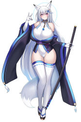  absurdres animal_ears aqua_trim bare_shoulders black_kimono blush breasts collar commentary_request female fox_ears fox_girl fox_shadow_puppet fox_tail from_behind full_body grey_hair hair_ornament highres holding holding_sword holding_weapon huge_breasts japanese_clothes katana kimono kutan leotard long_hair long_sleeves looking_at_viewer mizuki_(kutan) multiple_views original pinwheel pinwheel_hair_ornament purple_eyes ribbon-trimmed_thighhighs ribbon_trim sheath sheathed simple_background smile standing sword tachi-e tail thighhighs turnaround very_long_hair weapon white_background white_hair white_thighhighs wide_sleeves 