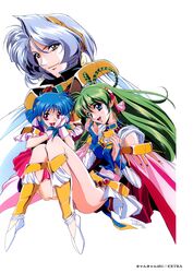  1990s_(style) 3girls artist_name blue_eyes blue_hair braid bridal_veil can_can_bunny can_can_bunny_extra cape copyright_name gloves green_hair grey_hair hair_ornament highres kobayashi_hiyoko long_hair multiple_girls non-web_source official_art open_mouth red_eyes retro_artstyle sawadee short_hair simple_background smile swatty_(can_can_bunny) veil white_background yellow_eyes 