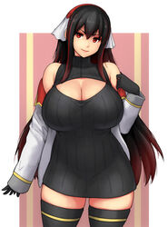  bare_shoulders black_dress black_gloves black_hair black_thighhighs breasts cleavage cleavage_cutout closed_mouth clothing_cutout dress erkaz female gloves hair_between_eyes hair_ribbon highres jacket karinka_katyusha_(erkaz) large_breasts long_hair multicolored_hair off_shoulder original pink_background red_eyes ribbed_dress ribbon sidelocks sleeves_past_wrists smile solo standing streaked_hair thighhighs thighs white_jacket 