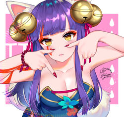  animal_ear_fluff animal_ears bangs bead_bracelet beads bell bracelet breasts cleavage closed_mouth daji_(monster_strike) facial_mark hair_bell hair_ornament hair_ribbon hands_up jewelry kohanayuki leaning_forward long_hair looking_at_viewer medium_breasts monster_strike nail_polish pink_nails pink_ribbon pointing pointing_down purple_hair ribbon upper_body yellow_eyes 