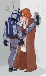  2boys ass beard blush boots brown_footwear embarrassed facial_hair foot_kabedon helmet highres jango_fett jedi jetpack kabedon male_focus multiple_boys obi-wan_kenobi rrrainbo star_wars star_wars:_attack_of_the_clones yaoi 