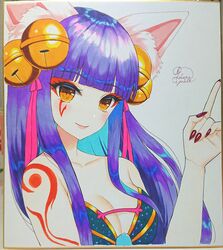  animal_ear_fluff animal_ears artist_name bangs bare_shoulders bell blue_hair breasts cleavage closed_mouth collarbone colored_inner_hair daji_(monster_strike) eyeshadow facial_mark female hair_bell hair_ornament hair_ribbon hand_up highres index_finger_raised kohanayuki long_hair looking_at_viewer makeup medium_breasts monster_strike multicolored_hair nail_polish pink_ribbon purple_hair red_nails ribbon sidelocks signature smile solo strapless traditional_media two-tone_hair upper_body yellow_eyes 