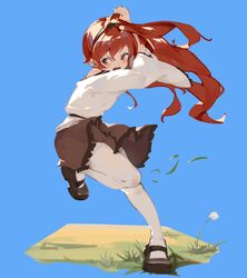  absurdres acccty ahoge black_hairband black_skirt blue_background blush bunching_hair commentary eris_greyrat female flower grass hairband highres leg_up long_hair long_sleeves mushoku_tensei open_mouth pantyhose red_eyes red_hair simple_background skirt solo standing standing_on_one_leg white_pantyhose wide_sleeves 