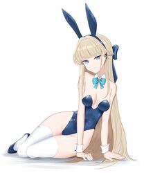  absurdres altean animal_ears blonde_hair blue_archive blue_eyes blue_leotard breasts detached_collar fake_animal_ears female highres leotard long_hair medium_breasts official_alternate_costume playboy_bunny rabbit_ears solo strapless strapless_leotard thighhighs thighs toki_(blue_archive) toki_(bunny)_(blue_archive) white_background white_thighhighs white_wrist_cuffs wrist_cuffs 