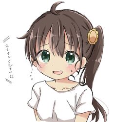  ahoge blush breasts brown_hair collarbone double-parted_bangs female flower flying_sweatdrops green_eyes hair_between_eyes hair_flower hair_ornament highres long_hair looking_at_viewer niizato_aoi non_non_biyori open_mouth shika_(s1ka) shirt short_sleeves side_ponytail sidelocks simple_background small_breasts smile solo sunflower sunflower_hair_ornament sweat translated upper_body white_background white_shirt wispy_bangs yellow_flower 