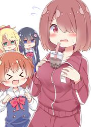  &gt;_&lt; 4girls :3 :d absurdres black_hair blonde_hair blue_dress blush bow bowtie breasts brown_hair bubble_tea bubble_tea_challenge closed_eyes commentary_request cup disposable_cup dress drinking_straw esureki flower flying_sweatdrops green_eyes hair_flower hair_ornament hair_over_one_eye hairbow hands_up happy highres himesaka_noa hoshino_hinata hoshino_miyako_(wataten) jacket jitome long_hair long_sleeves looking_at_another medium_breasts medium_hair meme multiple_girls object_on_breast oerba_yun_fang one_eye_covered open_mouth pants pinafore_dress pink_flower purple_eyes red_bow red_bowtie red_eyes red_jacket red_pants red_track_suit sailor_collar sailor_dress school_uniform shirosaki_hana shirt siblings simple_background sisters skin_fang sleeveless sleeveless_dress smile split_mouth standing sweat thick_eyebrows track_jacket track_pants track_suit watashi_ni_tenshi_ga_maiorita! wavy_mouth white_background white_sailor_collar white_shirt 