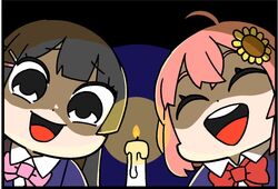  2girls :d ^_^ ahoge bkub black_border black_eyes black_hair blazer blue_background border bow bowtie candle candlelight chibi closed_eyes collared_shirt commentary dark dot_nose facing_viewer flower hair_flower hair_ornament hairclip honma_himawari jacket long_hair looking_at_viewer multiple_girls nijisanji open_mouth pink_bow pink_bowtie pink_hair portrait red_bow red_bowtie school_uniform shirt smile sunflower sunflower_hair_ornament teeth tsukino_mito tsukino_mito_(3rd_costume) upper_teeth_only virtual_youtuber 