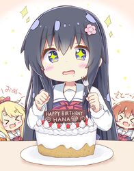  &gt;3&lt; &gt;_&lt; +_+ 3girls :3 :d birthday birthday_cake black_hair blonde_hair blue_dress blue_eyes blush bow bowtie brown_hair cake character_name clenched_hand closed_eyes commentary_request dress drooling english_text esureki food fork hairbow hands_up happy happy_birthday higero_(wataten) highres himesaka_noa holding holding_fork hoshino_hinata lolicon long_hair long_sleeves multiple_girls oerba_yun_fang open_mouth pinafore_dress plate red_bow red_bowtie sailor_collar sailor_dress saliva school_uniform shirosaki_hana shirt skin_fang sleeveless sleeveless_dress smile sparkle split_mouth thick_eyebrows upper_body watashi_ni_tenshi_ga_maiorita! white_sailor_collar white_shirt xd 