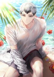  1boy bad_id bad_twitter_id beach closed_mouth commentary day eyebrows flower grey_hair haikyuu!! hemoon jacket jacket_partially_removed kita_shinsuke looking_at_viewer male_focus male_swimwear multicolored_hair ocean outdoors palm_tree sand see-through shirt short_hair sitting solo summer swim_trunks symbol-only_commentary tree twitter_username two-tone_hair water wet wet_clothes wet_shirt white_shirt yellow_eyes 