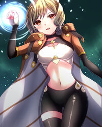  black_leggings blonde_hair blush breasts citrinne_(fire_emblem) commentary_request falling_petals feather_hair_ornament feathers female fire_emblem fire_emblem_engage hair_ornament hand_up highres jewelry leggings long_sleeves looking_at_viewer medium_breasts midriff navel petals red_eyes sage_outfit_(fire_emblem_engage) short_hair simple_background smile solo wing_hair_ornament yozu_(yozu0420) 