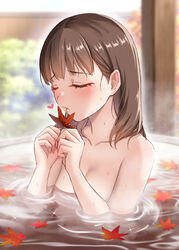  bath blurry blurry_background blush breasts brown_hair cleavage closed_eyes collarbone completely_nude female heart highres holding holding_leaf i_am_homeko idolmaster idolmaster_cinderella_girls leaf leaf_on_liquid maple_leaf medium_hair nude ofuro partially_submerged reflection reflective_water refraction sakuma_mayu small_breasts solo steam wooden_wall 