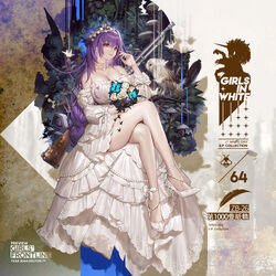  bare_legs bird bouquet braid breasts bug butterfly cleavage detached_sleeves dress female flower full_body girls&#039;_frontline gun high_heels highres huge_breasts jewelry long_hair necklace off-shoulder_dress off_shoulder official_alternate_costume official_art owl parted_lips promotional_art purple_hair red_eyes sidelocks single_braid sitting solo thighs toe_cleavage very_long_hair weapon white_dress whoisshe zb-26_(girls&#039;_frontline) zb-26_(the_1000th_paper_crane)_(girls&#039;_frontline) 