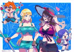  2boys 2girls blonde_hair breasts brown_gloves brown_hair chibi cleavage closed_eyes cup dorothea_arnault dorothea_arnault_(summer) drinking_straw earrings fingerless_gloves fire_emblem fire_emblem:_three_houses fire_emblem_heroes fish flower glass gloves green_eyes hair_flower hair_ornament hat holding holding_cup ingrid_brandl_galatea ingrid_brandl_galatea_(summer) jewelry large_breasts long_hair lorenz_hellman_gloucester lorenz_hellman_gloucester_(summer) midriff multiple_boys multiple_girls open_mouth polearm prrrr333 purple_hair red_hair sarong see-through short_hair sunglasses swimsuit sylvain_jose_gautier sylvain_jose_gautier_(summer) twitter_username weapon 