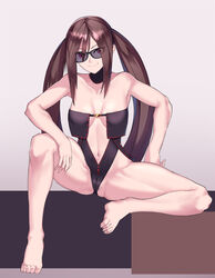  akuta_hinako bare_shoulders barefoot black-framed_eyewear black_leotard breasts brown_eyes brown_hair cameltoe cleavage collarbone cosplay fate/grand_order fate_(series) feet female highres legs leotard long_hair looking_at_viewer medium_breasts mrnn navel revealing_clothes ribbon_trim sidelocks sitting smile sunglasses twintails very_long_hair yu_mei-ren_(fate) yu_mei-ren_(fate)_(cosplay) 