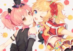  2girls ;d arm_strap asymmetrical_sleeves black_bow black_headwear black_sleeves blonde_hair blue_eyes bow cheek-to-cheek detached_sleeves floating_hair flower grey_background grin hair_flower hair_ornament hairbow hat heads_together hibiscus idolmaster idolmaster_cinderella_girls jacket jougasaki_mika kurotea long_hair looking_at_viewer looking_back midriff mini_hat multiple_girls ohtsuki_yui one_eye_closed open_clothes open_jacket open_mouth pink_bow pink_hair red_flower red_jacket single_sleeve smile twintails two-tone_bow uneven_sleeves upper_body yellow_eyes 