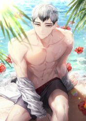  1boy abs bad_id bad_twitter_id bare_pectorals beach closed_mouth commentary day eyebrows flower grey_hair haikyuu!! hemoon jacket jacket_partially_removed kita_shinsuke looking_at_viewer male_focus male_swimwear multicolored_hair navel ocean outdoors palm_tree pectorals sand short_hair sitting smile solo summer swim_trunks symbol-only_commentary toned toned_male topless_male tree twitter_username two-tone_hair water wet yellow_eyes 