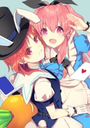  2girls :d ahoge alice_(alice_in_wonderland) alice_(alice_in_wonderland)_(cosplay) alice_in_wonderland angel_beats! animal_ears apron ascot black_ascot black_bow black_headwear black_ribbon blue_ascot blue_background blue_shirt blue_vest bow card cosplay fake_animal_ears fake_tail gloves grin hair_between_eyes hairbow hat iwasaki_minami kurotea long_hair looking_at_viewer medium_hair multiple_girls oerba_yun_fang open_mouth orange_hair pink_hair purple_eyes rabbit_ears rabbit_tail red_eyes ribbon sailor_collar shirt short_sleeves skirt smile tail vest white_apron white_gloves white_rabbit_(alice_in_wonderland) white_rabbit_(alice_in_wonderland)_(cosplay) white_sailor_collar white_shirt white_skirt wrist_ribbon yui_(angel_beats!) 