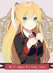  black_jacket blonde_hair blue_eyes bow bowtie closed_mouth collared_shirt dated female grey_background hair_between_eyes hair_ribbon happy_birthday jacket kurotea little_busters! long_hair long_sleeves looking_at_viewer pink_bow pink_bowtie ribbon shirt smile solo tokido_saya twintails upper_body very_long_hair white_ribbon white_shirt wing_collar 