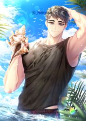  1boy arm_up armpits bad_id bad_twitter_id beach bird black_hair black_shirt blue_sky closed_mouth cloud collarbone commentary day eyebrows grey_eyes haikyuu!! hand_on_own_head hemoon holding holding_shell looking_at_viewer male_focus male_swimwear male_underwear miya_osamu ocean outdoors palm_tree partially_submerged seagull shell shirt short_hair sky smile solo summer swim_trunks symbol-only_commentary tree twitter_username underwear water wet 