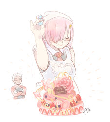  1boy alternate_costume apron archer_(fate) azu_(kirara310) blush bug butterfly cake closed_eyes crossed_arms fate/grand_order fate_(series) female food fruit glasses hair_ornament hair_over_one_eye hairclip highres holding mash_kyrielight meme parody pink_hair salt_bae_(meme) signature simple_background smile strawberry upper_body valentine white_background white_hair 