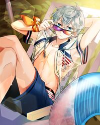  1boy absurdres ahoge beach_chair blue_eyes crossed_legs day ensemble_stars! highres jacket male_focus open_clothes open_jacket outdoors pineapple_(a30930s) sena_izumi_(ensemble_stars!) short_hair short_sleeves shorts sitting solo sunglasses swimsuit white_hair 