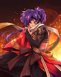  1boy axtame black_bow black_hakama bow embers fate/grand_order fate_(series) glaring hair_over_one_eye hakama hakama_skirt high_ponytail highres japanese_clothes looking_at_viewer male_focus okada_izou_(fate) okada_izou_(third_ascension)_(fate) orange_eyes ponytail purple_hair scabbard scarf sheath skirt solo sword waist_bow weapon white_scarf 