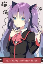  black_jacket blue_eyes blue_hair blue_ribbon bow bowtie closed_mouth collared_shirt female gradient_hair grey_background hair_between_eyes hair_ribbon happy_birthday jacket kurotea little_busters! long_hair long_sleeves looking_at_viewer multicolored_hair pink_bow pink_bowtie purple_hair ribbon sasasegawa_sasami shirt solo twintails upper_body very_long_hair white_shirt wing_collar 