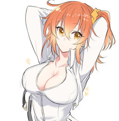  ahoge arms_up blush breasts chaldea_uniform cleavage commentary_request fate/grand_order fate_(series) female fujimaru_ritsuka_(female) hair_between_eyes hair_ornament hair_scrunchie large_breasts looking_at_viewer one_side_up orange_eyes orange_hair scrunchie shino-o short_hair simple_background smile solo twitter_username unbuckled upper_body white_background 