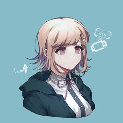  bad_id bad_twitter_id black_jacket black_shirt breasts closed_mouth collared_shirt commentary_request cropped_shoulders danganronpa_(series) danganronpa_2:_goodbye_despair dress_shirt female frown galaga game_console hair_ornament hood hood_down hooded_jacket jacket large_breasts level_up light_brown_hair medium_hair nanami_chiaki neck_ribbon open_clothes open_jacket pink_eyes pink_ribbon ribbon shirt simple_background solo suzumetarou upper_body white_shirt 