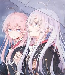  2girls ahoge black_robe blue_eyes braid brooch closed_mouth collared_shirt commentary elaina_(majo_no_tabitabi) from_side grey_hair hair_between_eyes holding holding_umbrella houki_(majo_no_tabitabi) jewelry lionet0806 long_hair looking_at_another majo_no_tabitabi multiple_girls no_headwear pink_hair rain robe shared_umbrella shirt smile transparent transparent_umbrella umbrella upper_body white_shirt yuri 