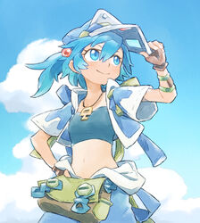  blue_eyes blue_hair blue_sky brown_gloves closed_mouth commentary_request day female fingerless_gloves gloves hair_bobbles hair_ornament hand_on_own_hip hat highres jewelry kawashiro_nitori key looking_away midriff navel necklace outdoors short_hair short_sleeves sky smile solo touhou ziro_(daydozen) 