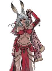  animal_ears arm_at_side arm_up armpit_peek bad_id bad_pixiv_id bandeau bare_shoulders breasts closed_mouth commentary_request dancer_(final_fantasy) detached_sleeves feet_out_of_frame female final_fantasy final_fantasy_xiv fingernails gem grey_hair groin head_tilt highres holding jewelry lips long_fingernails long_hair looking_at_viewer medium_breasts midriff navel pelvic_curtain pink_nails rabbit_ears simple_background smile solo standing stomach strapless underboob viera warrior_of_light_(ff14) white_background yellow_eyes yum0811 