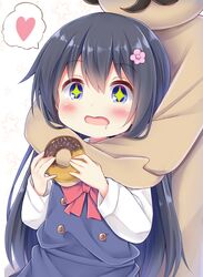  +_+ 1other absurdres ambiguous_gender black_hair blue_dress blue_eyes bow bowtie chocolate_doughnut commentary_request doughnut dress drooling esureki female flower food hair_between_eyes hair_flower hair_ornament heart higero_(wataten) highres holding holding_food hug hug_from_behind long_hair long_sleeves open_mouth pinafore_dress pink_flower red_bow red_bowtie sailor_dress saliva school_uniform shirosaki_hana shirt simple_background sleeveless sleeveless_dress speech_bubble split_mouth spoken_heart standing star_(symbol) upper_body very_long_hair watashi_ni_tenshi_ga_maiorita! white_background white_shirt 