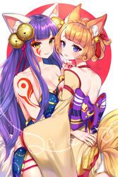  2girls animal_ear_fluff animal_ears artist_name bangs bell blonde_hair braid breasts cleavage closed_mouth crown_braid daji_(monster_strike) facial_mark forehead_mark hair_bell hair_ornament hair_ribbon heart highres holding_hands kohanayuki long_hair looking_at_viewer medium_breasts monster_strike multiple_girls nail_polish pink_nails pink_ribbon purple_eyes purple_hair ribbon smile strapless tail yellow_eyes yuri 