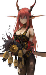  absurdres animal animal_ears bad_id bad_twitter_id bare_shoulders breasts chaos_(dungeon_and_fighter) cleavage dokshuri dungeon_and_fighter female gauntlets gloves hair_between_eyes highres holding horns knight_(dungeon_and_fighter) long_hair monster purple_eyes red_hair simple_background solo spikes torn_clothes white_background 