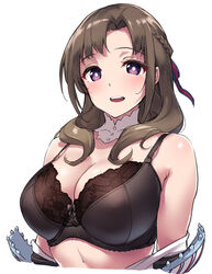  :d bare_shoulders black_bra blush bra braid breasts brown_hair cleavage collarbone commentary detached_collar female floral_print hair_ribbon highres lace lace-trimmed_bra lace_trim large_breasts long_hair looking_at_viewer mature_female oosuki_mamako open_mouth purple_eyes ribbon shimazu_tekkou simple_background smile solo tsuujou_kougeki_ga_zentai_kougeki_de_ni-kai_kougeki_no_okaasan_wa_suki_desu_ka? underwear undressing upper_body white_background 