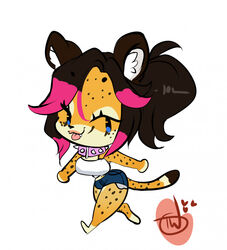  anthro bottomwear breasts cheetah clothed clothing collar extinct felid feline female hair hi_res highlights_(coloring) hotpants kaylee_(arcticsnowfex) mammal markings pink_collar pink_highlights prehistoric_species saber-toothed_tiger shirt shorts simple_background solo spiked_collar spikes tank_top teeth temporarywizard topwear yellow_body 