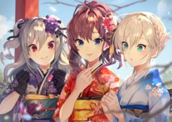  3girls :o alternate_hairstyle anastasia_(idolmaster) aqua_eyes black_gloves black_ribbon blue_eyes blue_kimono brown_hair closed_mouth earrings floating_hair floral_print flower gloves grey_hair hair_between_eyes hair_flower hair_ornament hair_ribbon ichinose_shiki idolmaster idolmaster_cinderella_girls japanese_clothes jewelry kanzaki_ranko kikumon kimono kurotea long_hair long_sleeves looking_at_viewer multiple_girls obi open_mouth print_kimono purple_flower purple_kimono purple_rose red_eyes red_kimono ribbon rose sash smile tied_hair twintails upper_body white_hair yukata 