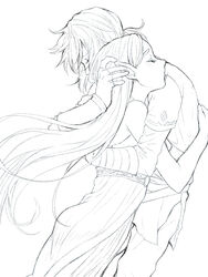  1boy belt blush champion&#039;s_tunic_(zelda) closed_eyes closed_mouth commentary couple dress female fingerless_gloves from_side gloves greyscale hair_between_eyes hand_on_another&#039;s_head hug izumi_(2476264) line_art link long_dress long_hair long_sleeves monochrome pants pointy_ears princess_zelda shirt short_ponytail simple_background sleeveless sleeveless_dress straight the_legend_of_zelda the_legend_of_zelda:_breath_of_the_wild thick_eyebrows white_background 